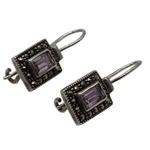 Vintage 925 Sterling Silver Amethyst & Marcasite Drop Earrings – Art Deco Style